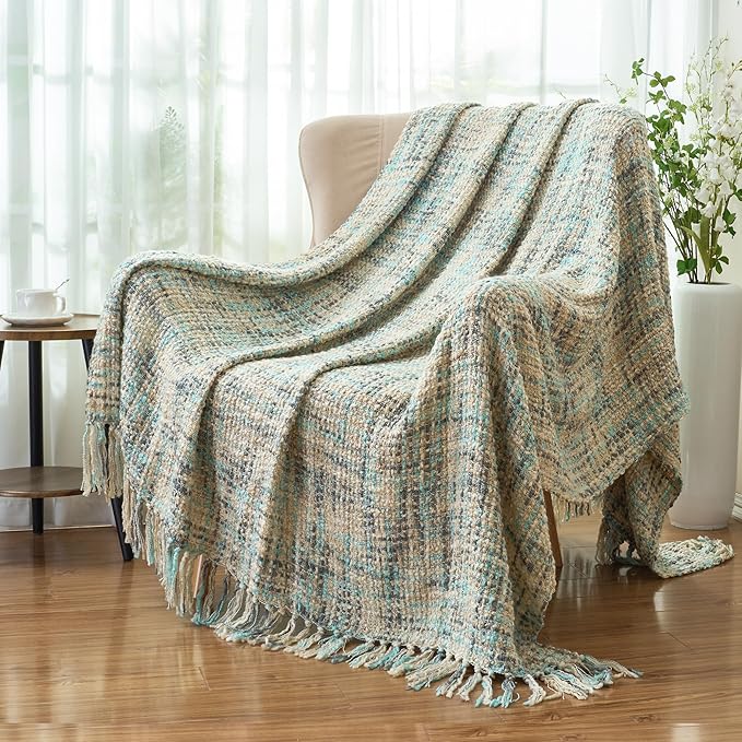 Multi-Color Blue Grey Cable Woven Throw Blanket for Couch,50"X60" Boho Style Textured Blankets for Home Decor,Super Soft Warm Cozy Chunky Blanket with Decorative Tassels for Bed