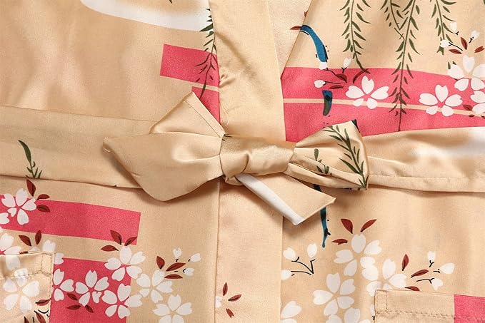 Valennia Women Long Silky Bathrobe Satin Kimono Robe Floral Printed Dressing Gown Sleepwear