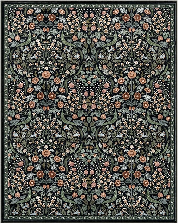 Lahome Claude Floral 8x10 Black Rugs for Living Room, Soft Washable Large Area Rug for Bedroom Dining Room, Botanical Lightweight Stain-Resistant Boho Carpet for Guestroom Indoor
