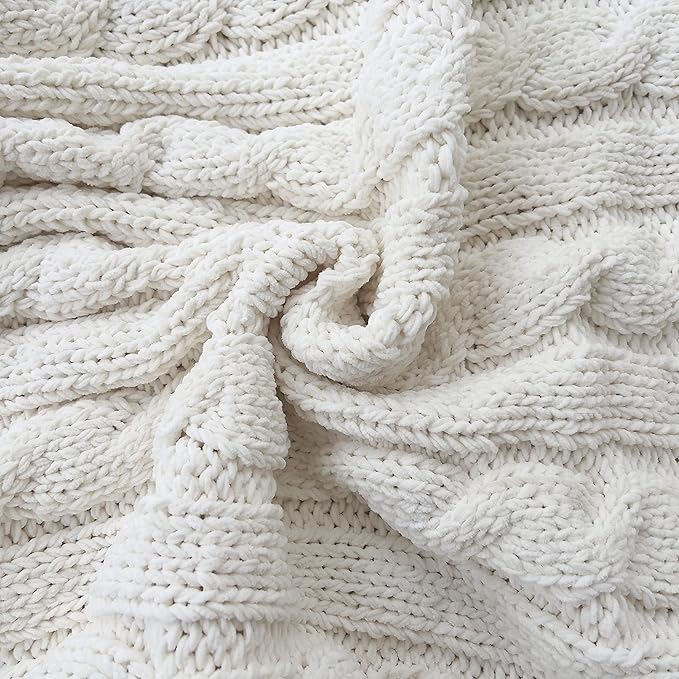 Chenille Chunky Knitted Throw Blanket with 14pcs Pom Poms Tassel Super Soft Cozy Warm Blanket for Sofa Bed Soft Couch 50 x60 inches (White)?-¡­