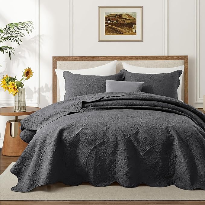 IR Imperial Rooms Twin Quilt Bedding Set Size (68” x 86”) + 1 Pillow Shams (20” x 26” + 2”) - 2 Pcs All Season Lightweight Reversible Microfiber Coverlet Floral Embossed Quilt Bedspread (Charcoal)