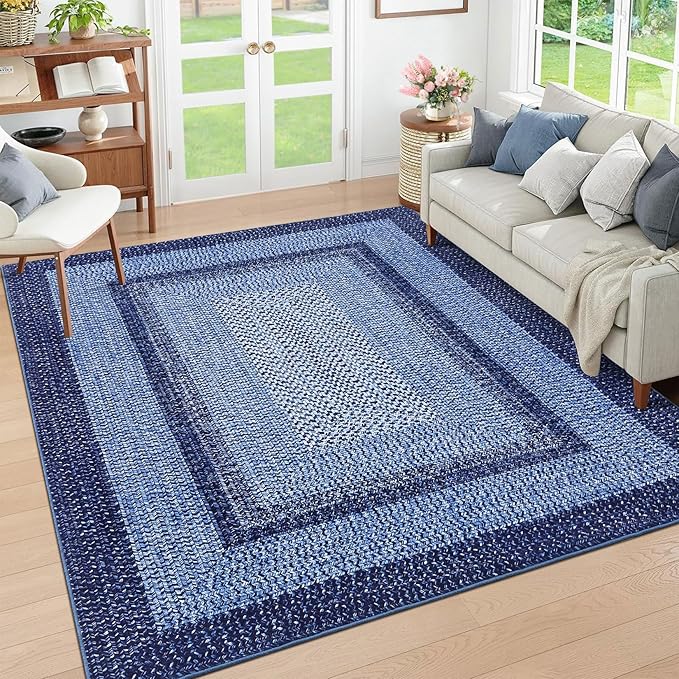 RUGSREAL 3x5 Area Rug, Washable Rug for Bedroom Braided Printed Throw Carpet, Living Room Rug Non Slip Stain Resistant Small Dining Room Mat, Rustic Accent Small Carpet for Entryway Home Decor, Navy