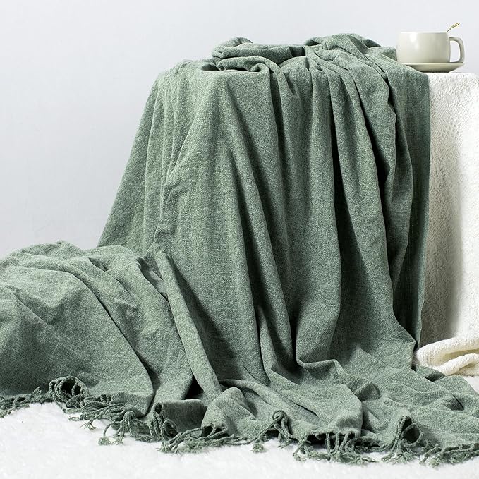 Chenille Throw Blanket for Couch with Tassels,50"X60" Soft Lightweight Knitted Boho Decorative Blankets for Bed and Sofa,Sage Green