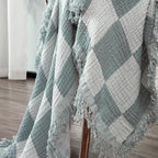 Chezmoi Collection Kendall Checkered Cotton Muslin Throw Blanket 50" W x 60" L, Knit Woven Gauze Blanket with Frayed Tassels for Bed Couch Travel Lightweight Breathable Cozy Throw, Gray/White