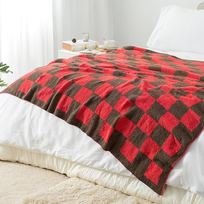 Carriediosa Checkered Throw Blanket 50" X 60", 400GSM Ultra Soft Microfiber Fuzzy Fluffy Reversible Cute Preppy Knitted Blankets Cozy Plush Fall Throws for Couch, Bed, Sofa, Red and Brown