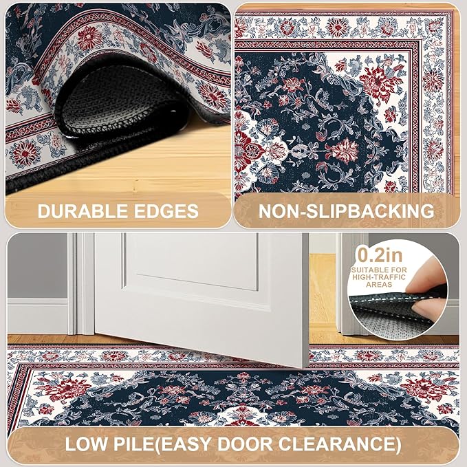 Area Rug 2x3 ft Entry Rug Washable Vintage Boho Rugs Non Slip Low Pile Floral Door Mat Small Carpet for Bedroom, Bedside, Kids Room, Office, Dining Room