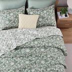 BLOOMHAVEN Quilt Set Queen Size, Green Floral Quilt Sets, Reversible Bedspread Lightweight and Breathable for All Seasons, Soft Quilted Bedspread with 2 Pillow Shams