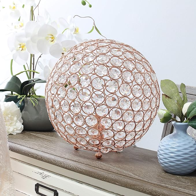 Elegant Designs LT1067-RGD 10" Elipse Crystal Collection Metal Crystal Ball Sequin Table Desk Lamp for Accent Lighting, Décor, Living Room, Rose Gold