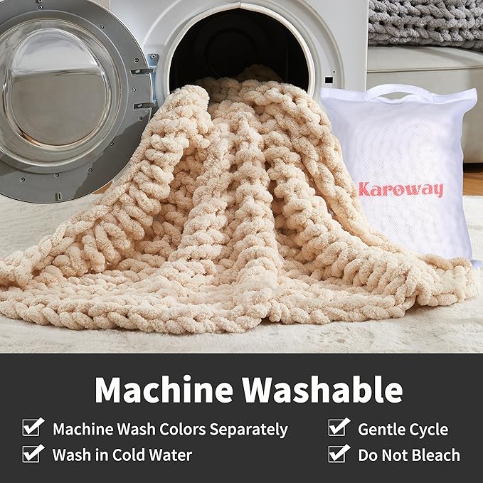 Chunky Knit Soft Throw Blanket - Cream - Chunky Chenille Cable Knitted Fluffy & Warm Chunky Throw Blanket with Woven Bag for Boho Home Decor, Handmade Large Knit Blanket for Bed & Couch 50" x 60"