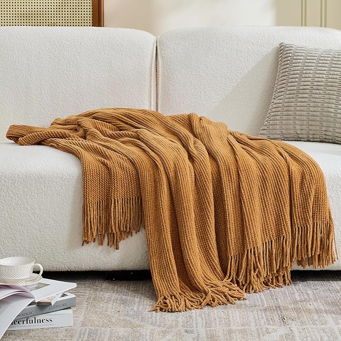 inhand Brown Throw Blanket for Couch Bed,Fall Home Decorative Soft Chunky Chenille Woven Blankets with Tassels,Lightweight Cozy Boho Farmhouse Warm Winter Gifts for Women,50"x60",Extra Thick