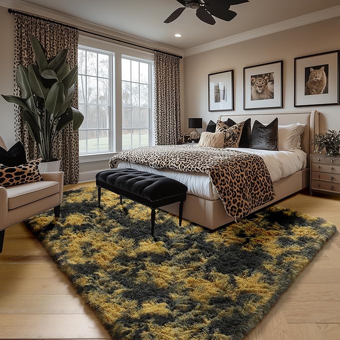 Amdrebio Black Gold Yellow Grey Rugs for Living Room Bedroom Decor, 8x10 Large Fluffy Furry Fuzzy Area Rug for Kids Room Dorm Home Office, Modern Cool Leopard Cheetah Big Carpet for Teen Boys Men