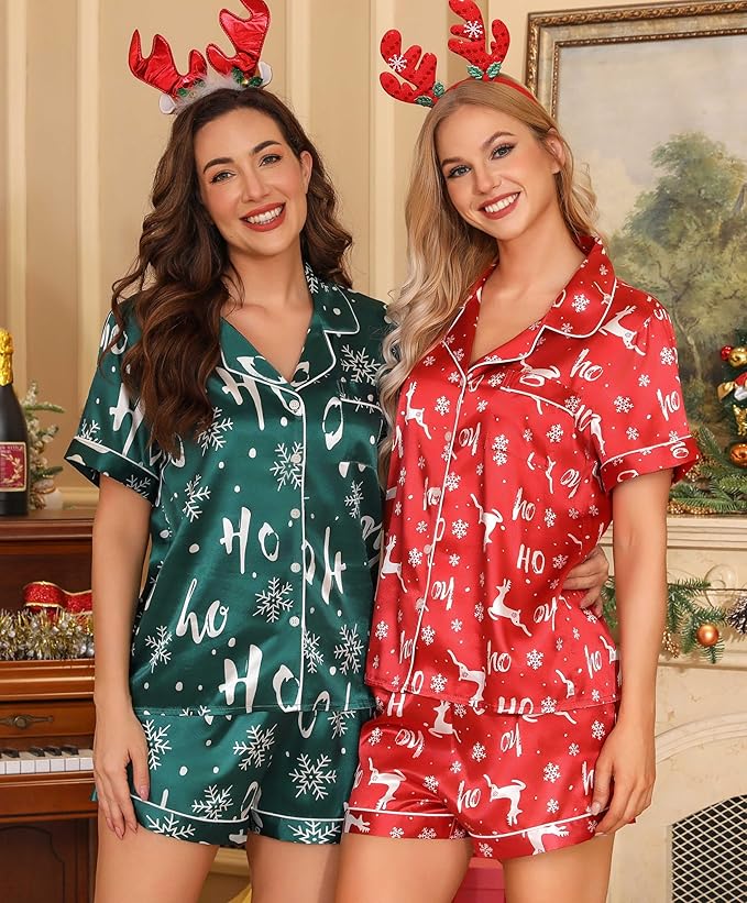 Samring Women's Silk Satin Pajamas Set Short Sleeve Sleepwear Two Piece Button Down Pj Set with Pockets S-XXL