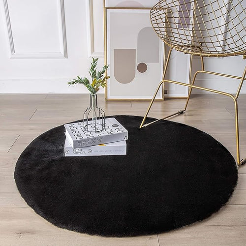 Ashler HOME DECO Ultra Soft Faux Rabbit Fur Chair Couch Cover Area Rug for Bedroom Floor Sofa Living Room Black Round 3 x 3 Feet