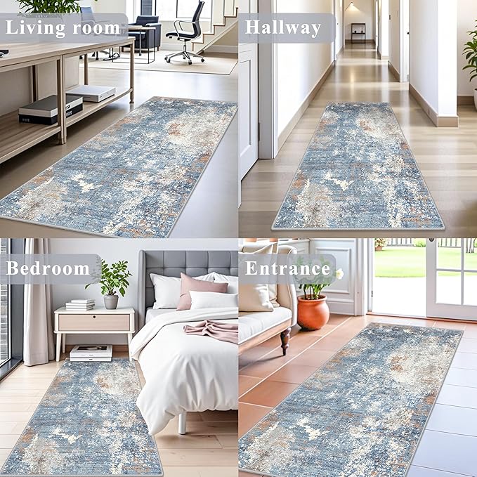 3x7 Kitchen Runner Rug – Washable Non-Slip Modern Abstract Neutral Carpet for Hallway, Entryway, Bedroom, Bathroom – Low-Pile Thin Stain-Resistant Wide Floor Runner (Blue Rust,3x7)