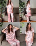 Ekouaer Womens Satin Silky Pajama Set Short Sleeve Shirt with Long Pajama Pant Set Soft PJ Loungewear