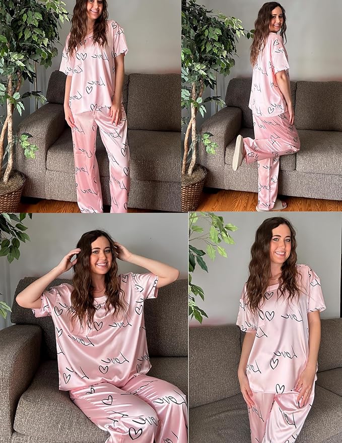 Ekouaer Womens Satin Silky Pajama Set Short Sleeve Shirt with Long Pajama Pant Set Soft PJ Loungewear