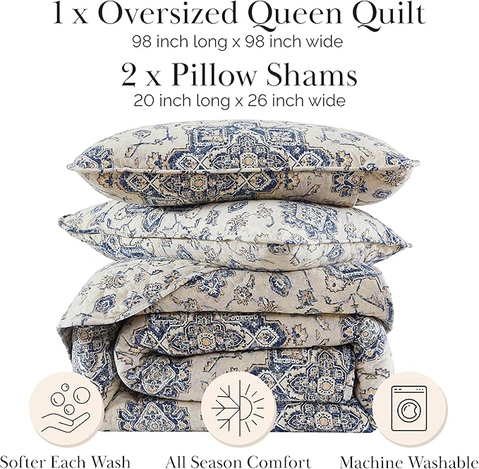 Southshore Fine Living, Inc. Persia Collection Oversized Queen Quilt Bedding Set, 3-Piece Lightweight Coverlet and 2 Matching Shams, Persian Rug Inspired Print, Quilt Full Size Bed Set, Indigo