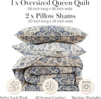 Southshore Fine Living, Inc. Persia Collection Oversized Queen Quilt Bedding Set, 3-Piece Lightweight Coverlet and 2 Matching Shams, Persian Rug Inspired Print, Quilt Full Size Bed Set, Indigo