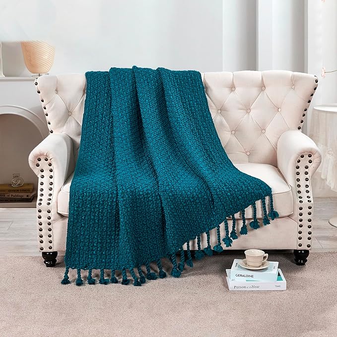 Chunky Knit Throw Blanket with Braided Tassels 50" x 60", Hand Knitted Soft Thick Yarn Basket Weave Boho Farmhouse Blanket, Plush Fluffy Tassel Decor Throw for Couch Bed Sofa, Dark Teal