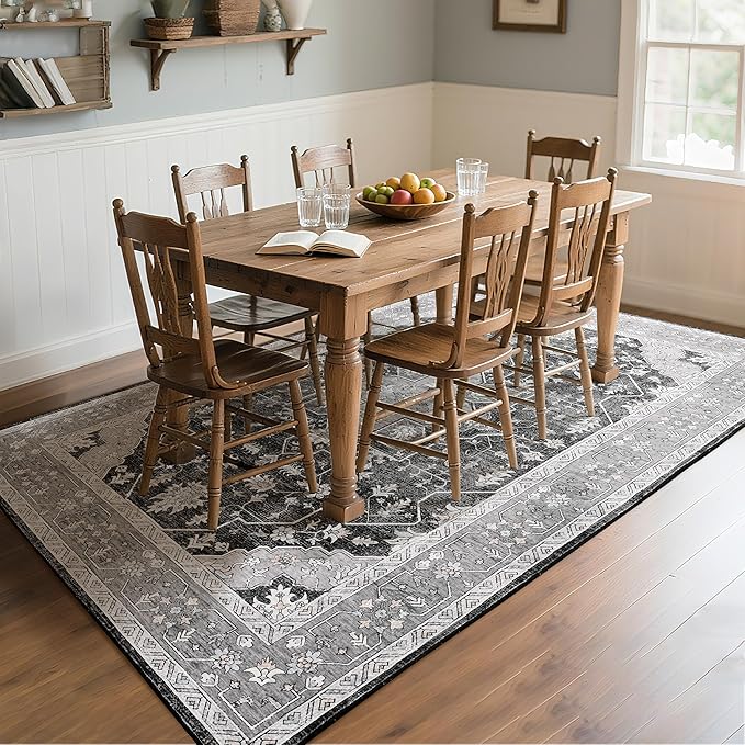 CRYPTOLITE 9x11 Area Rug for Living Room, Modern Washable Rug Non Slip Low Pile Large Area Rugs for Living Room, Bedroom, Farmhouse, Dining Room,Grey