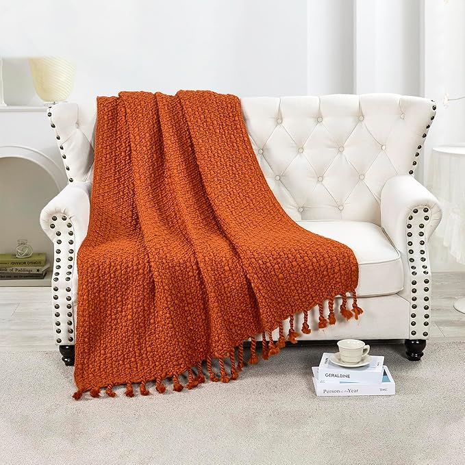 Chunky Knit Throw Blanket with Braided Tassels 50" x 60", Hand Knitted Soft Thick Yarn Basket Weave Boho Farmhouse Blanket, Plush Fluffy Tassel Decor Throw for Couch Bed Sofa, Rust Orange