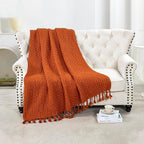 Chunky Knit Throw Blanket with Braided Tassels 50" x 60", Hand Knitted Soft Thick Yarn Basket Weave Boho Farmhouse Blanket, Plush Fluffy Tassel Decor Throw for Couch Bed Sofa, Rust Orange