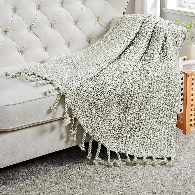 Chunky Knit Throw Blanket with Braided Tassels 50" x 60", Hand Knitted Soft Thick Yarn Basket Weave Boho Farmhouse Blanket, Plush Fluffy Tassel Decor Throw for Couch Bed Sofa, Silver Green