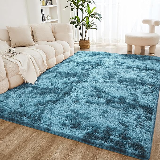 Litanika 6x9 Shag Area Rug for Living Room Bedroom, Tie-Dyed Blue High Pile Soft Plush Shaggy Furry Bedside Playroom Dorm Carpet, Non-Slip, Non-Shedding Modern Indoor Floor Rug