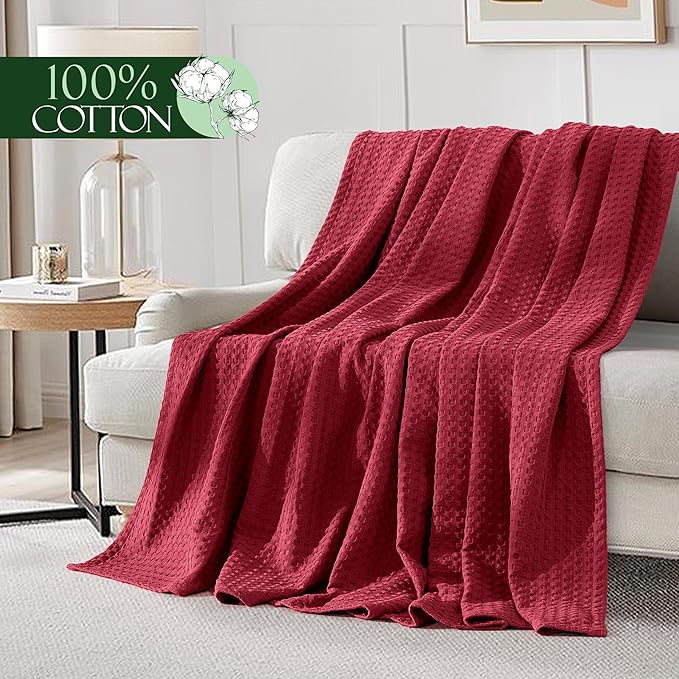 Elegant Comfort Premium 100% Cotton Waffle Blanket - Lightweight Breathable Waffle Weave Bed Blanket - Soft and Warm All Season Blanket for Couch, Sofa and Bed, Full Size 88x88 Inches, Burgundy