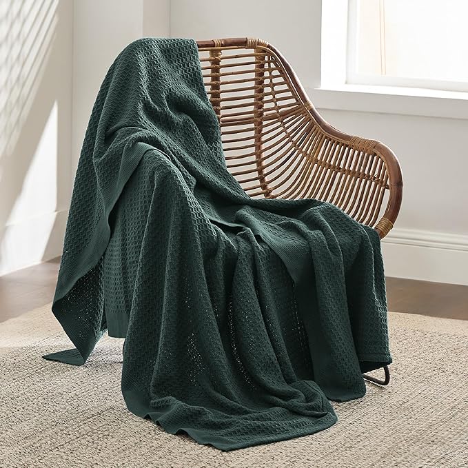 Bedsure Gentlesoft 100% Cotton Blanket Twin XL Size for College Dorm - Breathable and Soft for Spring Summer, Waffle Weave Twin Blanket for Bed, Dorm Room Essentials, Dark Green, 66x90 inches