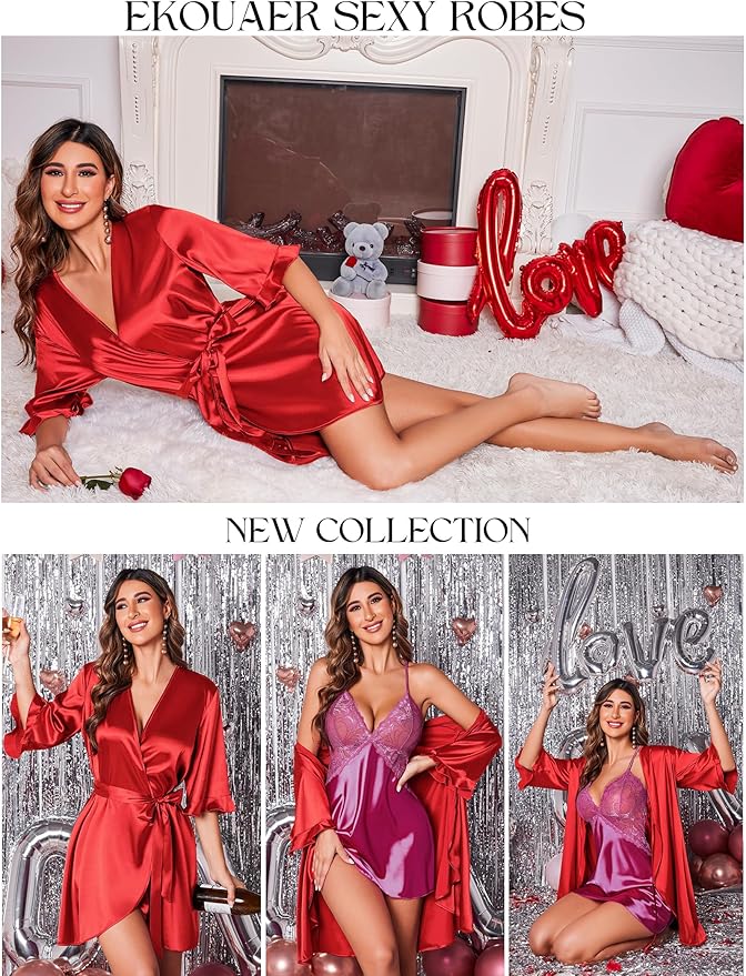 Ekouaer Women's Satin Robe Valentines Lingerie for Women Kimono Bathrobe Short Ruffle Belted Robes Bridesmaids Sleepwear