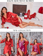 Ekouaer Women's Satin Robe Valentines Lingerie for Women Kimono Bathrobe Short Ruffle Belted Robes Bridesmaids Sleepwear