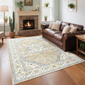 CRYPTOLITE Vintage Area Rug 5x7 Rugs, Machine Washable Rug Non-Slip Low Pile Rug for Living Room, Bedroom, Farmhouse, Dining Room, Beige