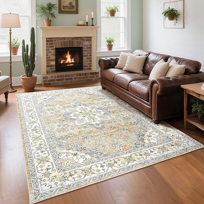 CRYPTOLITE Vintage Area Rug 5x7 Rugs, Machine Washable Rug Non-Slip Low Pile Rug for Living Room, Bedroom, Farmhouse, Dining Room, Beige