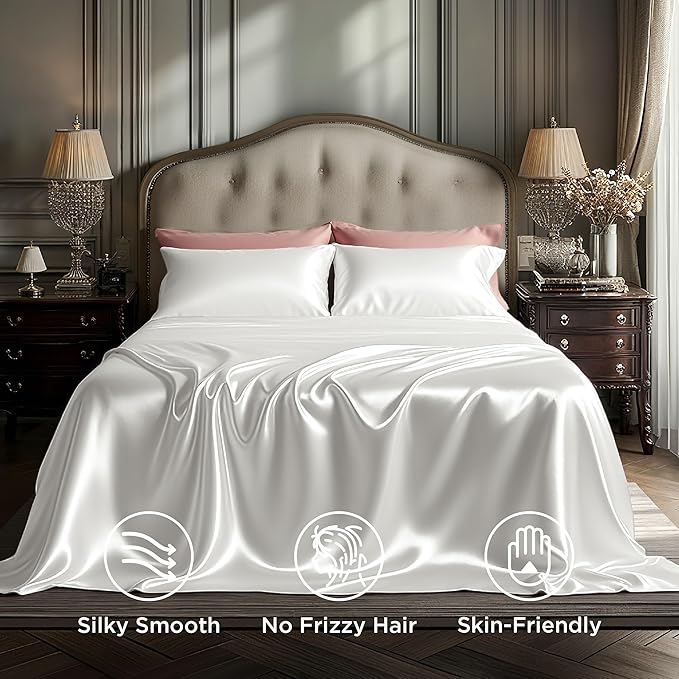 Bedsure White Satin Sheets Full Size - 4 Piece Silky Bedsheets with Elastic Corner Straps and 15 Inches Deep Pocket Fitted Bedsheet,1 Flat Sheet, 2 Satin Pillowcases, Good for Hair & Skin (Full,White)