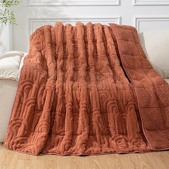 Cottonblue Jacquard Weighted Blanket for Adults 20 lbs Queen Size, Cozy Fluffy Sherpa Fleece Weighted Throw Blankets 60" x 80" for Sleep Relax, Fuzzy Warm Arch Heavy Blanket for Bed Couch, Rust Pink