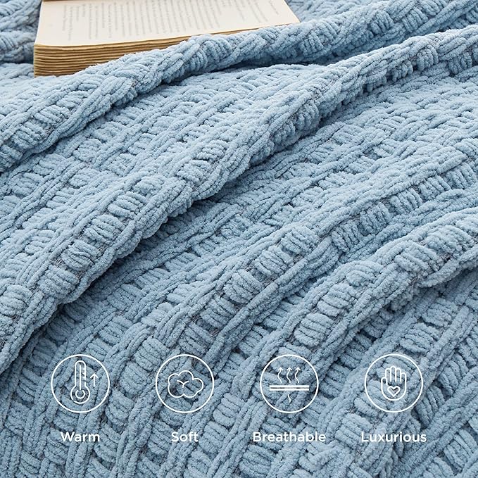 Bedsure Blue Throw Blankets for Couch - Textured Chunky Knit Woven Chenille Blanket - Super Soft, Warm Decorative Boho Throw with Tassels for Bed, Sofa and Living Room Decor, 50x60 Inches
