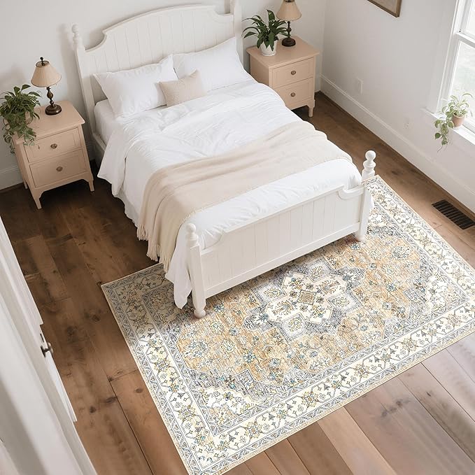 CRYPTOLITE Vintage Area Rug 5x7 Rugs, Machine Washable Rug Non-Slip Low Pile Rug for Living Room, Bedroom, Farmhouse, Dining Room, Beige