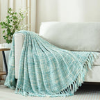 Multi-Color Turquoise Cable Woven Throw Blanket for Couch,50"X60" Boho Style Textured Blankets for Home Decor,Super Soft Warm Cozy Chunky Blanket with Decorative Tassels for Bed