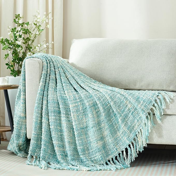 Multi-Color Turquoise Cable Woven Throw Blanket for Couch,60"X80" Boho Style Textured Blankets for Home Decor,Super Soft Warm Cozy Chunky Blanket with Decorative Tassels for Bed