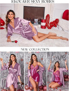 Ekouaer Women's Satin Robe Valentines Lingerie for Women Kimono Bathrobe Short Ruffle Belted Robes Bridesmaids Sleepwear