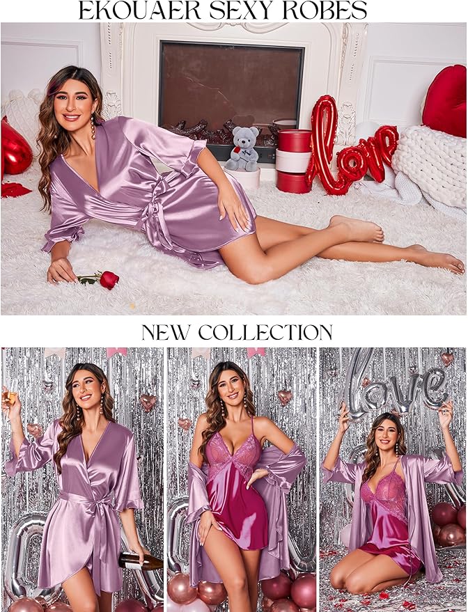 Ekouaer Women's Satin Robe Valentines Lingerie for Women Kimono Bathrobe Short Ruffle Belted Robes Bridesmaids Sleepwear