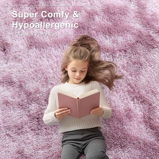 OLANLY Area Rugs for Living Room Bedroom, Machine Washable 4x5.9 Feet Soft Fluffy Shaggy Bedside Rug, Indoor Floor Carpet for Kids Girls and Boys, Dorms, Home Decor Aesthetic, Dusty Pink Tie-dye