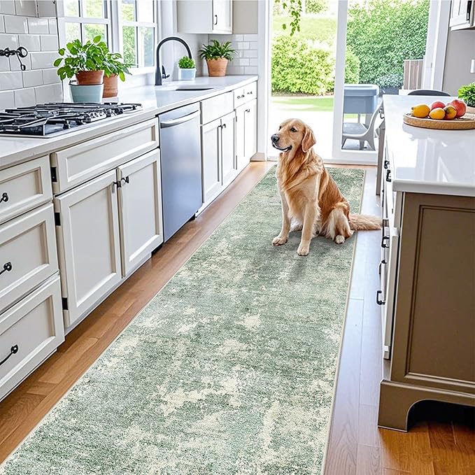 3x12 ft Non Skid Hallway Runner Rug - Kitchen Runner Rug with Rubber Backing Low Pile Thin Carpet Runners for Kitchen Entryway Bathroom,Modern Abstract Neutral（Sage Green,3x12）