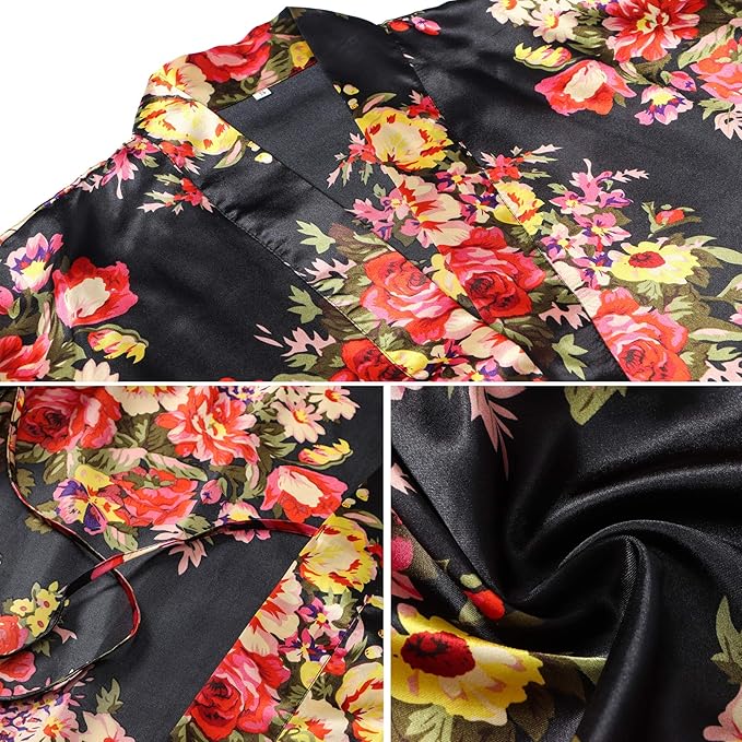 Women's Floral Satin Robes Bride Bridesmaid Getting Ready Robe Short Silky Kimono Sleepwear for Wedding Party