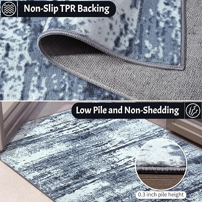 Area Rug 8x10 Washable Rugs Modern Abstract Blue Area Rug Soft Non-Slip Non-Shedding Faux Wool Stain Resistant Floor Carpets for Living Room Bedroom Dining Room Kids Room Home Office