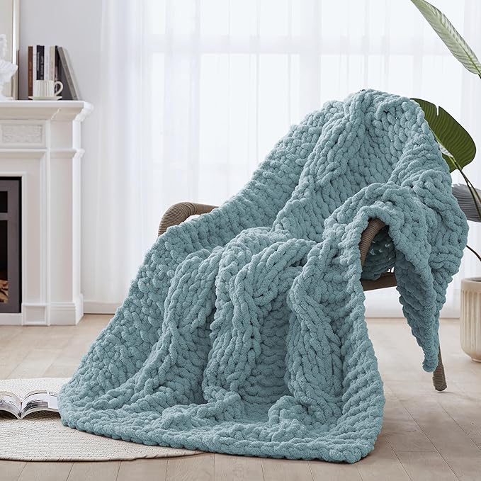 Chunky Knit Blanket Throw - 100% Hand Knitted Chunky Soft Throw Blanket for Couch, Thick and Warm Blanket for Winter, Blue, 50x60 Inches