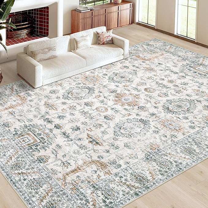 XLUEZ Area Rug 9x12 Living Room Rug, Machine Washable Vintage Distressed Boho Area Rug Non-Slip Soft Low Pile Large Indoor Rugs for Bedroom Kitchen Dining Room Office(Brown Green,9'x12')