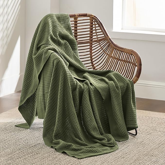 Bedsure Gentlesoft 100% Cotton Throw Blanket for Couch 50x70 inches - Breathable and Soft for Spring Summer, Waffle Weave Throw Blanket for Office, Olive Green