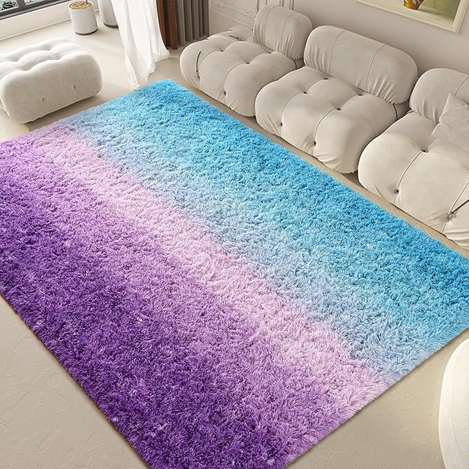 Purple Blue Area Rugs 4x6 Feet Rug for Bedroom Living Room, Cute Indoor Gradient Carpets, Plush Soft Rug for Kids Room, Fluffy Rugs for Girls Boys Nursery Room Home Decor